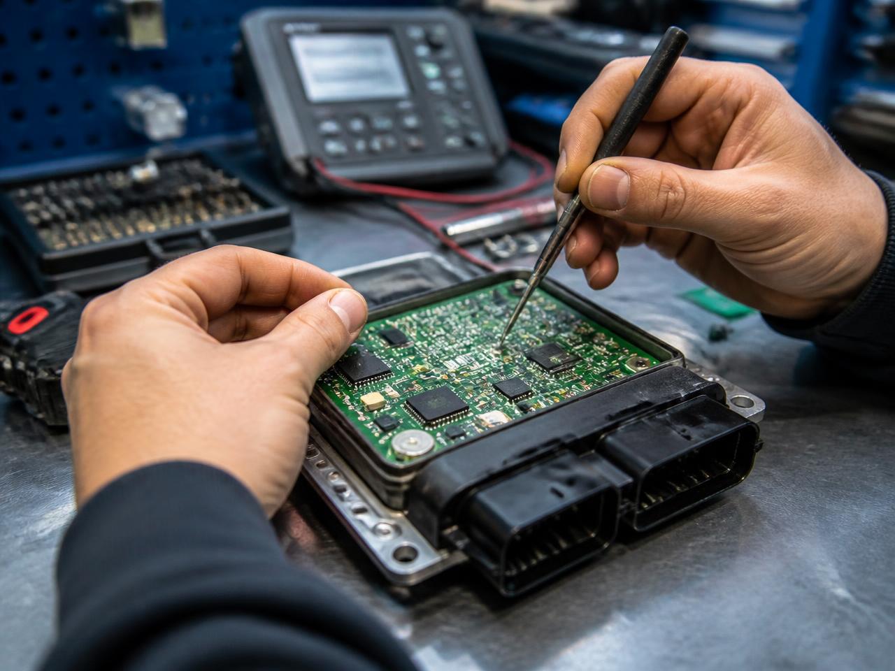 Close-up of a technician working on an open ECU unit in a workshop
